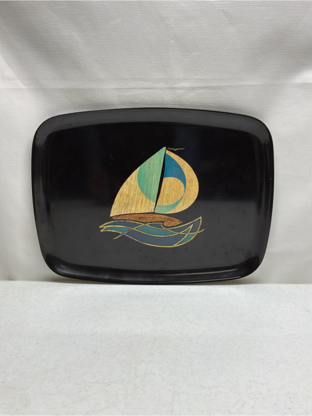 Couroc of Monterey Wood/Metal Inlay Sailboat MCM Tray